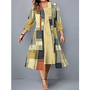 Women's Plus Size Two Piece Dress Set Casual Dress Swing Dress Outdoor Office Fashion Streetwear Print Midi Dress Crew Neck 34 Length Sleeve Plaid Regular Fit Yellow Pink Blue Fall Winter L XL XXL Lightinthebox