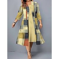 Women's Plus Size Two Piece Dress Set Casual Dress Swing Dress Outdoor Office Fashion Streetwear Print Midi Dress Crew Neck 34 Length Sleeve Plaid Regular Fit Yellow Pink Blue Fall Winter L XL XXL Lightinthebox - thumbnail