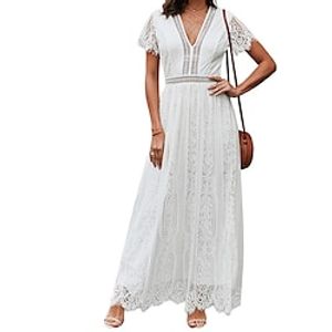 Women's Long Dress Maxi Dress Lace Dress Swing Dress Pure Color Fashion Streetwear Outdoor Holiday Vacation Lace Patchwork Short Sleeve V Neck Dress Loose Fit White Wine Light Purple Spring Summer S Lightinthebox