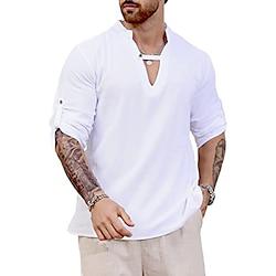 Men's Shirt Cotton Linen Shirt White Cotton Shirt Casual Shirt White Dark Blue Apricot Long Sleeve Plain V Neck Spring Fall Hawaiian Holiday Clothing Apparel Lightinthebox