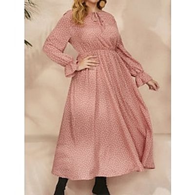 Women's Plus Size Curve Black Dress Party Dress Winter Dress Polka Dot Midi Dress Long Sleeve Print Lace up Crew Neck Elegant Party Black Pink Fall Winter XL 2XL 3XL 4XL Lightinthebox