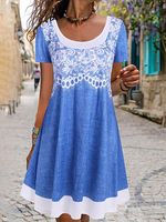 Paneled Round Neck Short Sleeves Casual Light Blue Short Dress