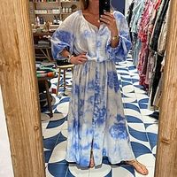 Women's A Line Dress Maxi long Dress Green Blue Fuchsia Long Sleeve Tie Dye Print Spring Summer Round Neck Elegant Casual Vacation 2022 S M L XL miniinthebox - thumbnail