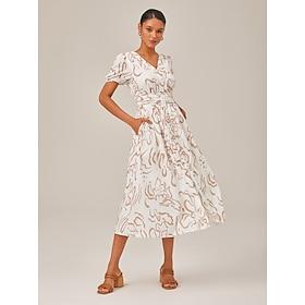 Abstract art print Linen-Like Fabric Waist-Cinching Maxi Dress