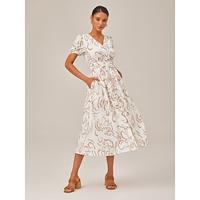 Abstract art print Linen-Like Fabric Waist-Cinching Maxi Dress