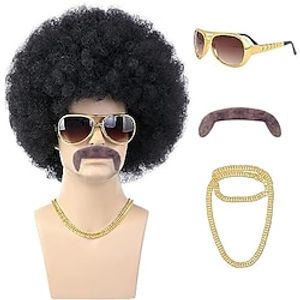 70s Black Afro Wig for Men with Glasses Chain and Mustache Mens Short Black Curly Disco Costume Wigs 70's 80s Hippie Rocker Funny Cosplay Synthetic Wigs for Halloween Party miniinthebox