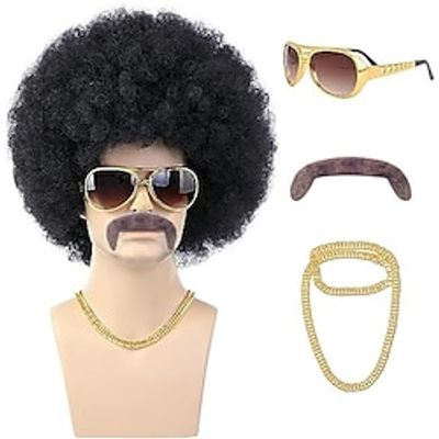 70s Black Afro Wig for Men with Glasses Chain and Mustache Mens Short Black Curly Disco Costume Wigs 70's 80s Hippie Rocker Funny Cosplay Synthetic Wigs for Halloween Party miniinthebox