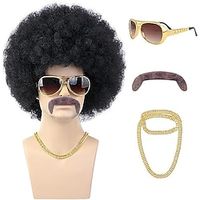 70s Black Afro Wig for Men with Glasses Chain and Mustache Mens Short Black Curly Disco Costume Wigs 70's 80s Hippie Rocker Funny Cosplay Synthetic Wigs for Halloween Party miniinthebox - thumbnail