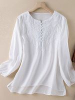 Round Neck Casual Loose Embroidered Long Sleeve Blouse