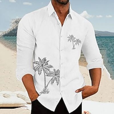Palm Tree Casual Men's Shirt Linen Shirt Outdoor Daily Vacation Spring   Fall Lapel Long Sleeve White, Blue, Gray S, M, L Polyester Shirt Lightinthebox