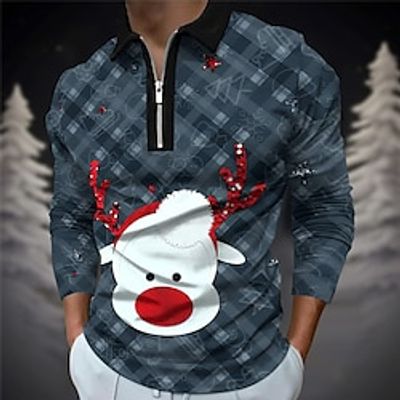 Elk Plaid  Check Casual Men's Print 3D Zip Polo Golf Polo Outdoor Casual Daily Streetwear Christmas Polyester Long Sleeve Turndown Zip Polo Shirts Wine Green Fall  Winter S M L Micro-elastic Lapel Lightinthebox