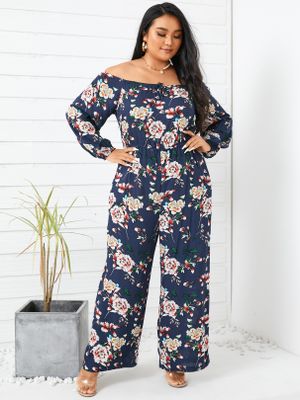 YOINS Plus Size Off The Shoulder Floral Print Wide Leg Long Sleeves Jumpsuit YOINS Plus Size Off The Shoulder Floral Print Wide Leg Long Sleeves Jumpsuit