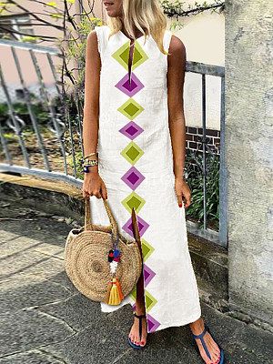 Cotton/Linen V-Neck Bohemian Printed Sleeveless Casual Dress