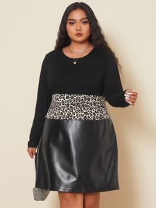 YOINS Plus Size Patchwork Leopard Long Sleeves Dress