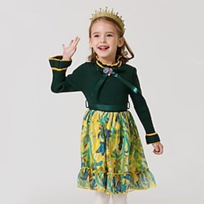 Kids Girls' Dress Cartoon A Line Dress Dress Performance Cotton Long Sleeve Princess Dress 2-6 Years Winter Green Yellow Lightinthebox