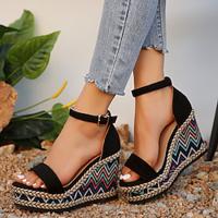 Women's Sandals Wedge Sandals Platform Sandals Ankle Strap Heels Daily Beach Braided Platform Wedge Round Toe Vacation Casual Minimalism PU Cloth Ankle Strap Black Lightinthebox - thumbnail