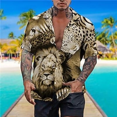 Men's Shirt Summer Hawaiian Shirt Animal Lion Graphic Prints Turndown Blue Brown Gray Casual Holiday Short Sleeve Button-Down Print Clothing Apparel Tropical Fashion Streetwear Hawaiian miniinthebox
