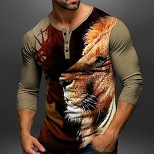 Graphic Animal Lion Fashion Daily Casual Men's 3D Print Henley Shirt Casual Holiday Going out T shirt Red  White Brown Khaki Long Sleeve Henley Shirt Spring   Fall Clothing Apparel S M L XL XXL 3XL Lightinthebox