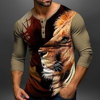 Graphic Animal Lion Fashion Daily Casual Men's 3D Print Henley Shirt Casual Holiday Going out T shirt Red  White Brown Khaki Long Sleeve Henley Shirt Spring   Fall Clothing Apparel S M L XL XXL 3XL Lightinthebox - thumbnail