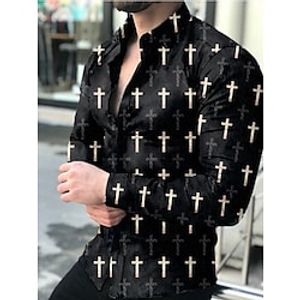 Men's Casual Shirt 3D Print Striped Cross Turndown Home Street Long Sleeve Tops Elegant Casual Fashion Retro Black  White Lightinthebox