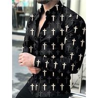 Men's Casual Shirt 3D Print Striped Cross Turndown Home Street Long Sleeve Tops Elegant Casual Fashion Retro Black  White Lightinthebox - thumbnail