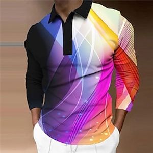 Gradient Line Abstract Men's 3D Print Golf Polo Outdoor Casual Daily Streetwear Polyester Long Sleeve Turndown Polo Shirts Purple Green Fall  Winter S M L Micro-elastic Lapel Polo Lightinthebox