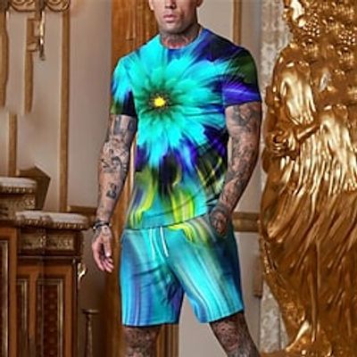 Men's T-shirt Suits Tennis Shirt 3D Print Floral Graphic Patterned Clock Crew Neck Street Daily Print Short Sleeve Tops 2pcs Lightweight Basic Essential Casual Fashion Blue Gray Gold  Summer Lightinthebox