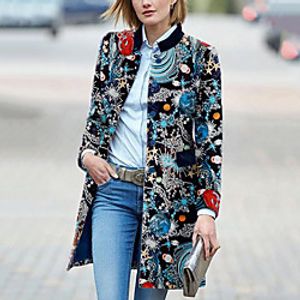 Women's Coat Street Daily Going out Fall Winter Regular Coat Regular Fit Warm Breathable Casual Jacket Long Sleeve Floral Print Blue miniinthebox