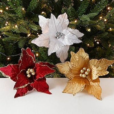 4 Pcs New Christmas Flower 26cm Wine Red Fleece Imitation Christmas Flower Leaf Flower Ring DIY Decoration Pendant Lightinthebox