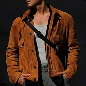 Men's Lightweight Jacket Biker Jacket Suede Jacket Outdoor Daily Wear Warm Pocket Fall Winter Plain Fashion Streetwear Lapel Regular Brown Jacket Lightinthebox