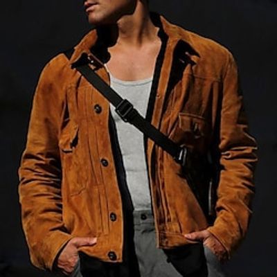 Men's Lightweight Jacket Biker Jacket Suede Jacket Outdoor Daily Wear Warm Pocket Fall Winter Plain Fashion Streetwear Lapel Regular Brown Jacket Lightinthebox
