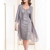 Two Piece Sheath  Column Mother of the Bride Dress Wedding Guest Elegant V Neck Knee Length Chiffon Lace 34 Length Sleeve with Lace Appliques 2023 Lightinthebox - thumbnail