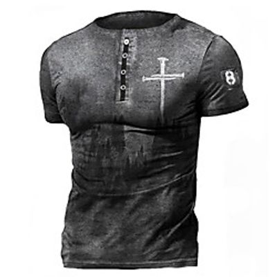 Men's T shirt 3D Print Graphic Prints Cross Plus Size Henley Casual Daily Button-Down Print Short Sleeve Tops Basic Fashion Vintage Designer Gray / Summer miniinthebox