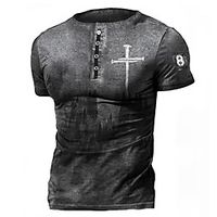 Men's T shirt 3D Print Graphic Prints Cross Plus Size Henley Casual Daily Button-Down Print Short Sleeve Tops Basic Fashion Vintage Designer Gray / Summer miniinthebox - thumbnail