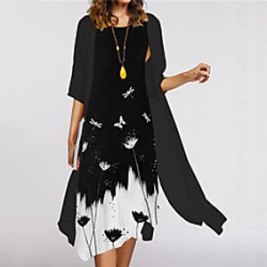 Women's Two Piece Dress Knee Length Dress Black Half Sleeve Floral Print Fall Summer Round Neck Casual 2021 S M L XL XXL miniinthebox
