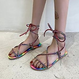 Women's Sandals Flat Heel Round Toe PU Solid Colored Color Block Rainbow Black Lightinthebox