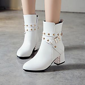 Women's Boots Chunky Heel Round Toe Booties Ankle Boots Party Office PU Crystal Solid Colored White / Booties / Ankle Boots miniinthebox