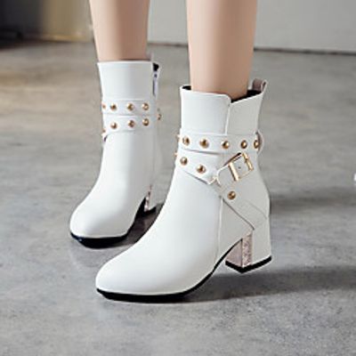 Women's Boots Chunky Heel Round Toe Booties Ankle Boots Party Office PU Crystal Solid Colored White / Booties / Ankle Boots miniinthebox