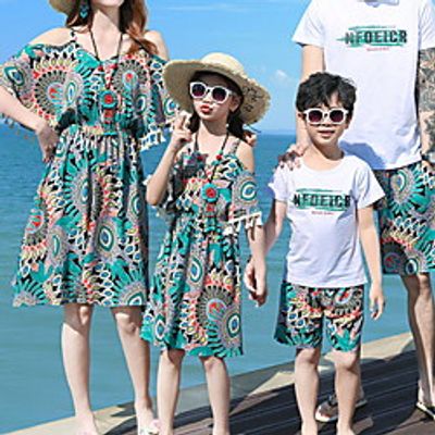 Family Look Family Sets Graphic Leaf Daily Ruched Green Short Sleeve Knee-length T Shirt Dress Tee Dress Active Matching Outfits  Fall  Summer  Casual  Print Lightinthebox