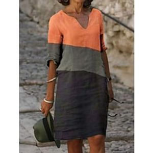 Women's Casual Dress Shift Dress Summer Dress Color Block Patchwork V Neck Midi Dress Basic Modern Daily Vacation Half Sleeve Regular Fit Blue Orange Gray Summer Spring S M L XL 2XL miniinthebox