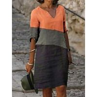 Women's Casual Dress Shift Dress Summer Dress Color Block Patchwork V Neck Midi Dress Basic Modern Daily Vacation Half Sleeve Regular Fit Blue Orange Gray Summer Spring S M L XL 2XL miniinthebox - thumbnail