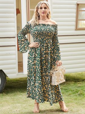 YOINS Plus Size Off The Shoulder Calico Backless Design Long Sleeves Maxi Dress YOINS Plus Size Off The Shoulder Calico Backless Design Long Sleeves Maxi Dress