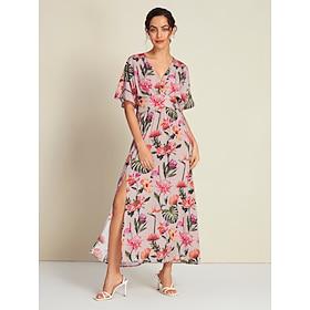 Rayon Floral High Waist Short Sleeve V Neck Maxi Dress