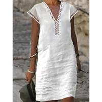 Women's Linen Dress Cotton Summer Dress White Cotton Dress Midi Dress Eyelet Vacation V Neck Short Sleeve Summer Spring White Yellow Plain Lightinthebox - thumbnail