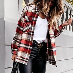 Women's Jacket Street Fall Winter Regular Coat Regular Fit Warm Breathable Sporty Casual Jacket Long Sleeve Plaid  Check Patchwork Blushing Pink Orange Lightinthebox