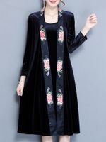 Velvet Embroidery Fake Two Pieces Dress