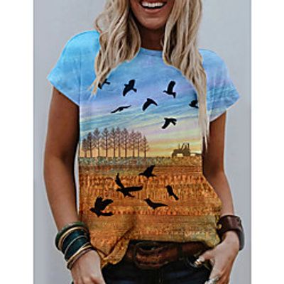 Women's 3D Printed T shirt Scenery 3D Print Round Neck Tops Basic Basic Top Blue Lightinthebox