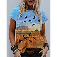 Women's 3D Printed T shirt Scenery 3D Print Round Neck Tops Basic Basic Top Blue Lightinthebox - thumbnail