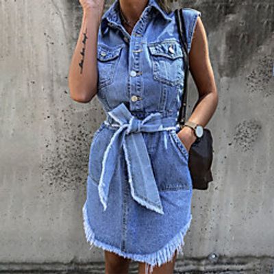 Women's Bodycon Knee Length Dress Blue Sleeveless Pure Color Tassel Fringe Lace up Pocket Spring Summer Shirt Collar Stylish Work Casual 2022 S M L XL miniinthebox Women's Bodycon Knee Length Dress Blue Sleeveless Pure Color Tassel Fringe Lace up Pocket Spring Summer Shirt Collar Stylish Work Casual 2022 S M L XL miniinthebox