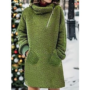 Women's Casual Dress Winter Dress Plain Dress Mini Dress Zipper Pocket Outdoor Daily Date Fashion Basic Turtleneck Long Sleeve 2023 Loose Fit Green Color S M L XL XXL Size Lightinthebox